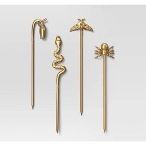 Threshold Gold Cocktail Picks 4 Piece Set Snake Moth Spider Stainless Steel NEW